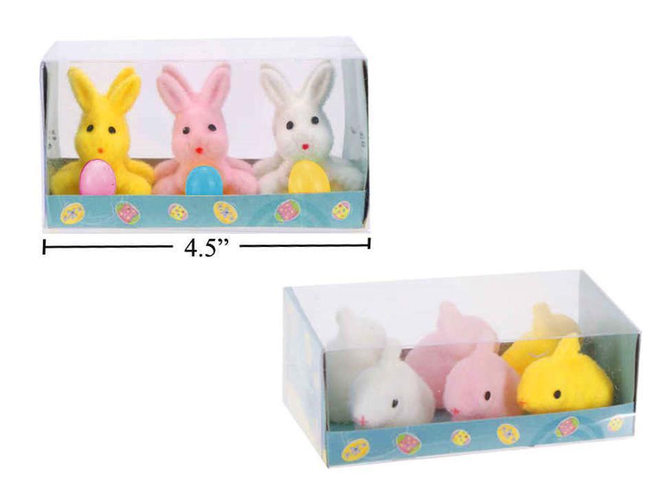 Easter 6pcs Mini Flocked Bunnies, 2styles, Acetate Box