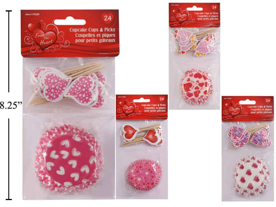 V'tines 24 Baking Cups w/24 Picks, 4asst., polybag w/header