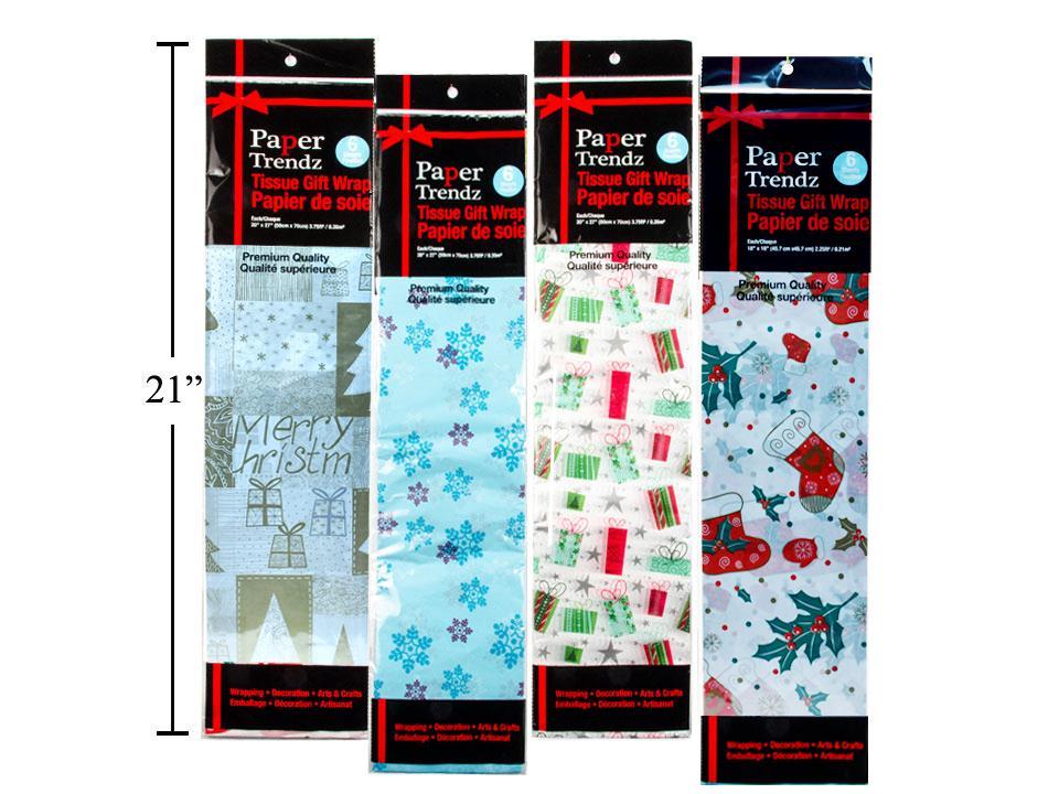 Paper T. 6ct. Xmas Printed Tissue, 18"x18", 4asst. styles, printed bag