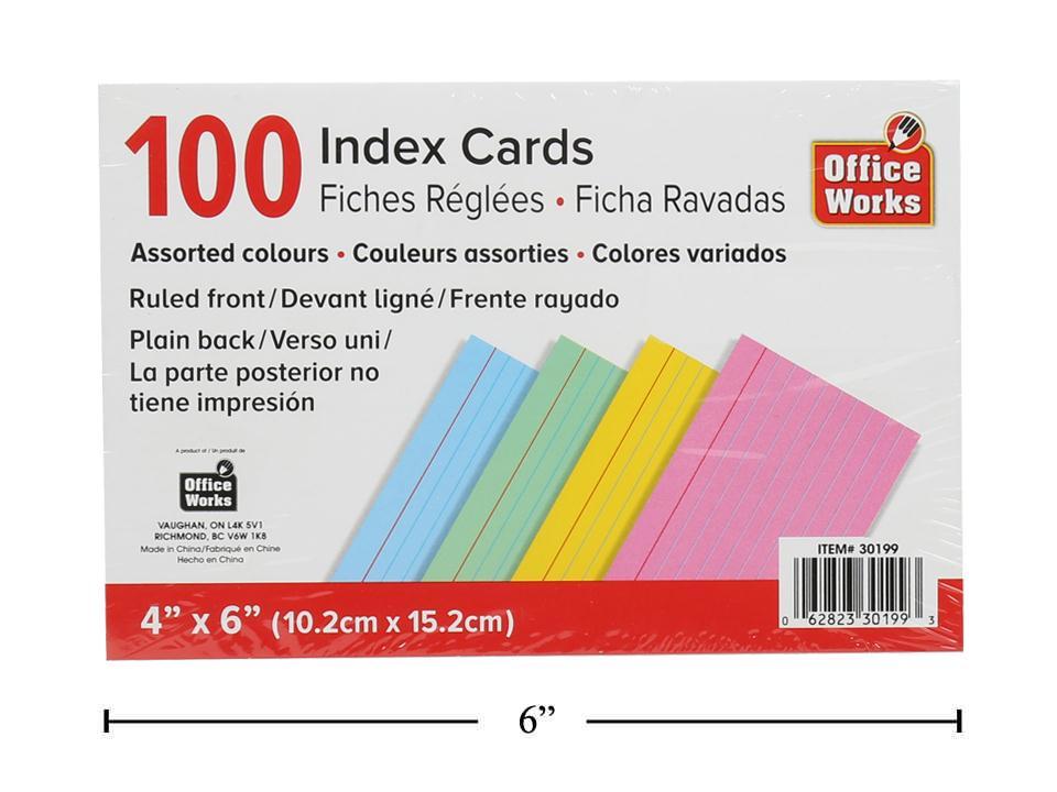 O.WKs. 4x6" 100-Pc Ruled Index Card Assorted Clrs, shrink wrap (HZ)
