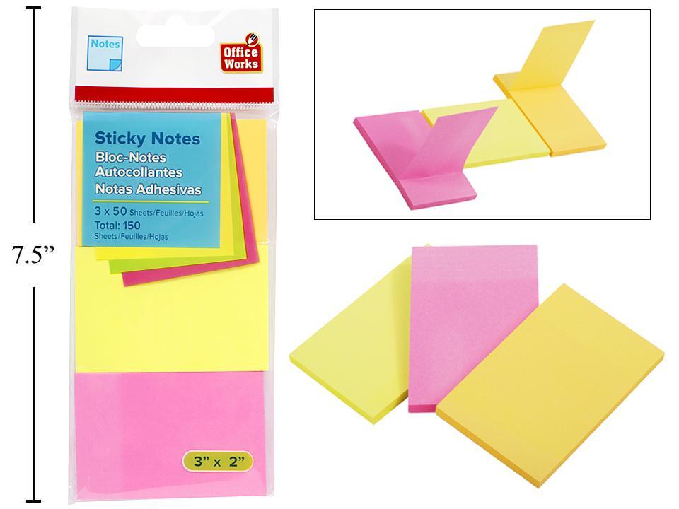 O.WKs. Neon Colored Sticky Notes, 50-Sheet, 3-Pack, 76x50mm