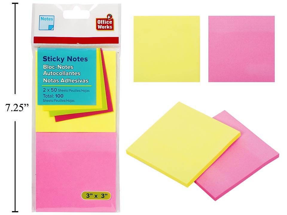 O.WKs. Neon Colored Sticky Notes, 50-Sheet, 75x75mm, 2-Pack