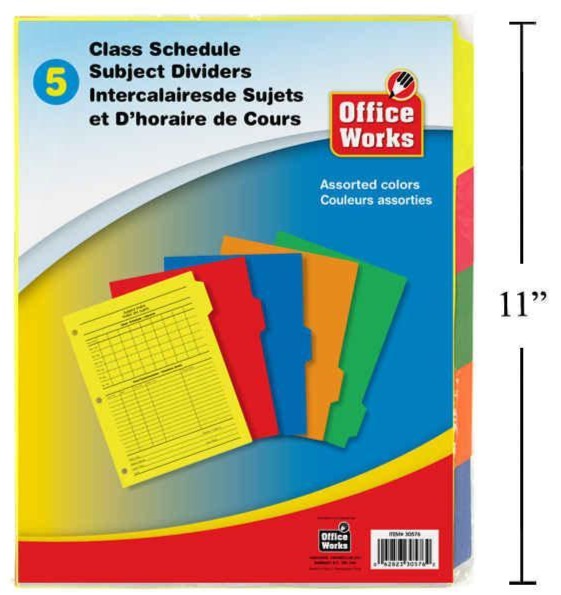 O.WKs. 5-pc Paper Class Schedule Subject Divider