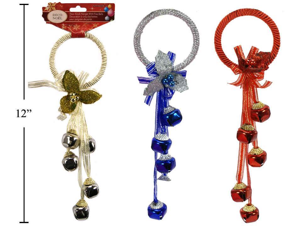 Deco N. 10.5"L Door Knob Hanger, w/5 Jingle Bells, 3 cols., header