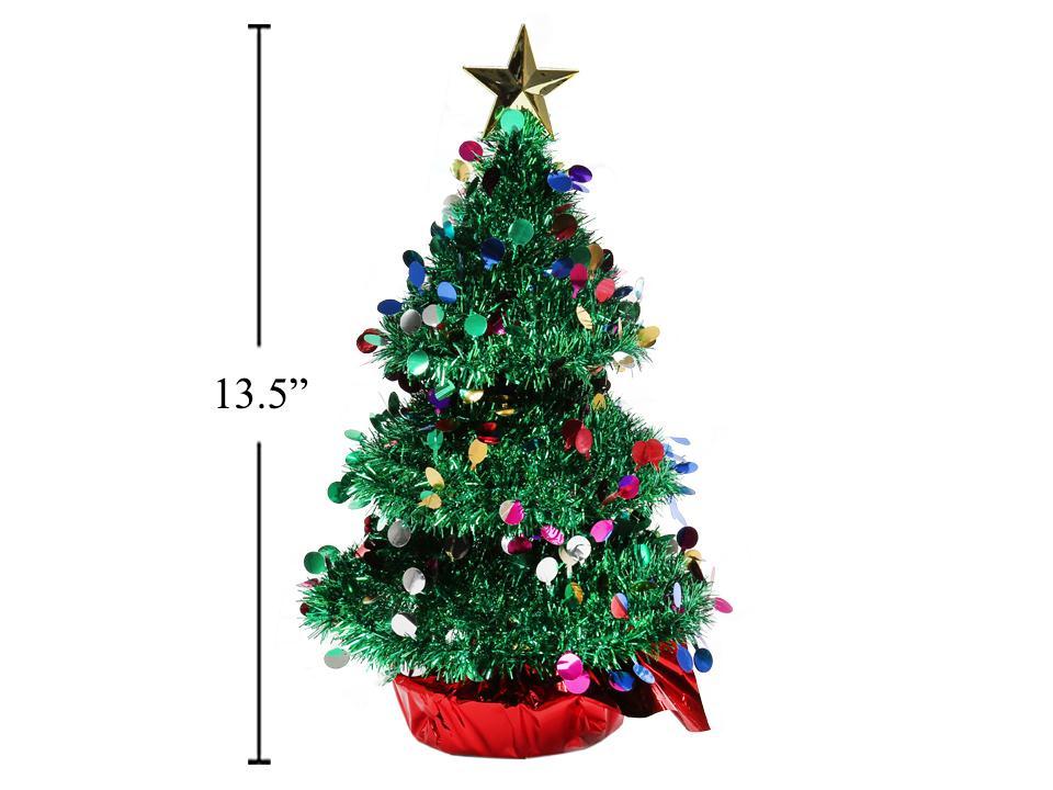 Deco N. 13.5" Tinsel Tabletop Xmas Tree w/Die-Cut Laser Ornaments, cht
