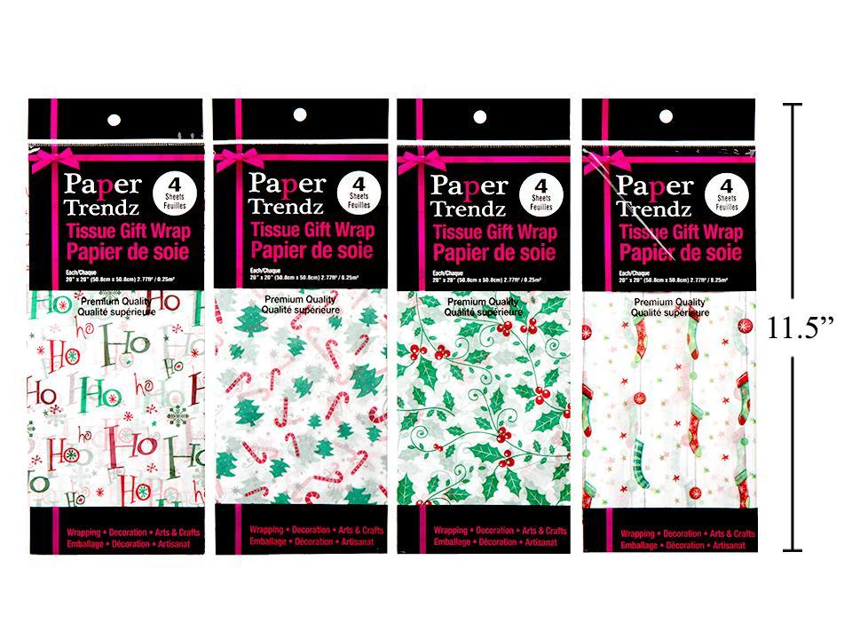 Paper T. 4ct. Xmas Printed Tissue , 20"x20", 4 Designs, printed bag