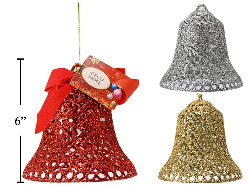 Deco N. Glitter Bell w/Red Velvet Bow, 6.5"x 6", 3/c, cht (ES15234)
