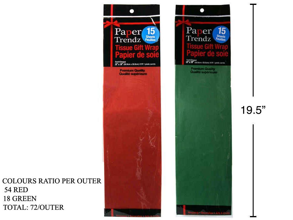Paper T. 15 Sheets Red/Green Tissue , 18"x18", 54-Red/18-Green, polybag