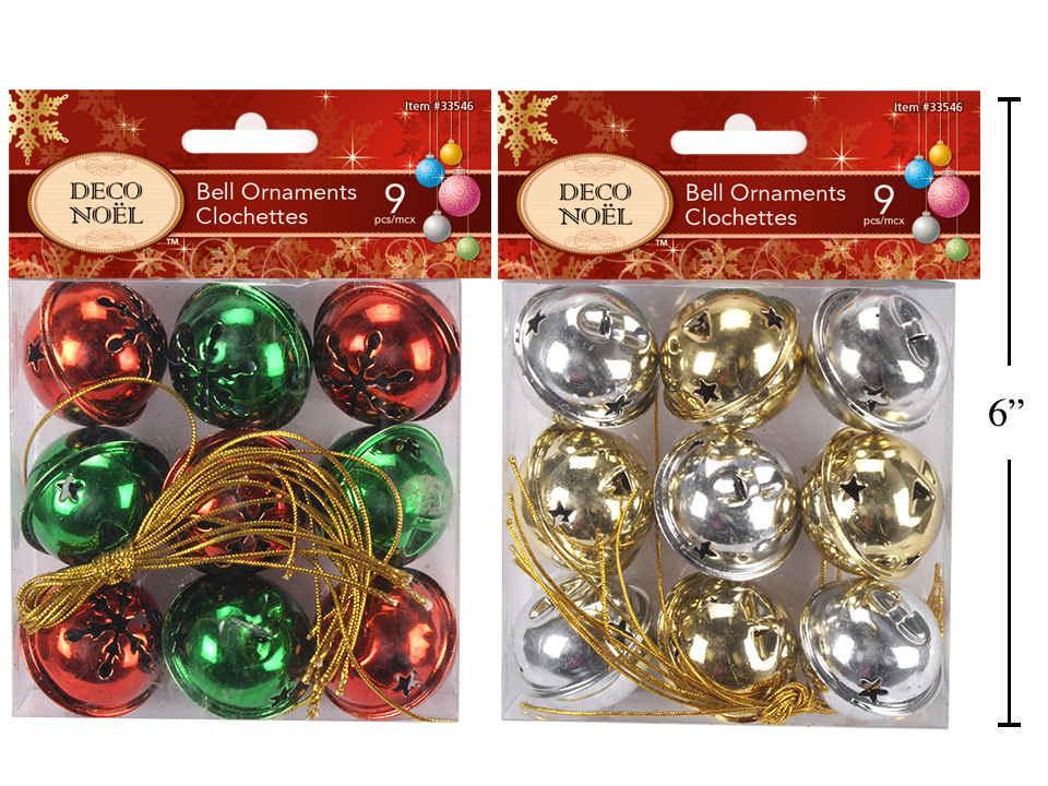 Deco N. 9pk Bell Ornaments, 2asst. Styles, 57"Dia.,in PVC box w/header