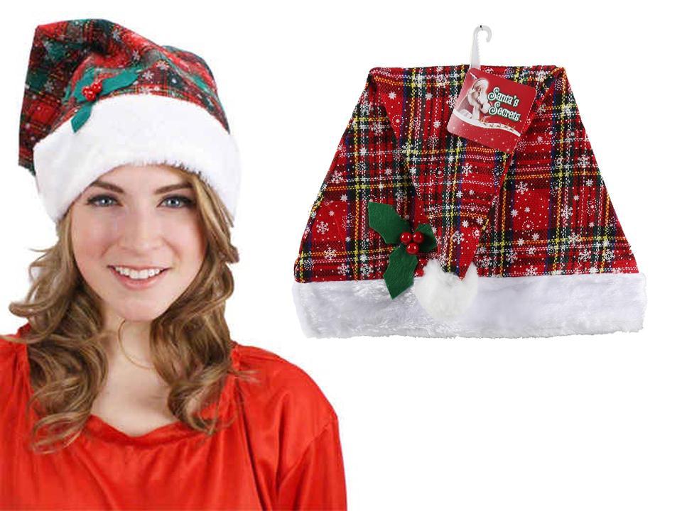 S.Secrets 11"x16.5" Plaid Santa Hat w/Holly Leaf & Berries, 2/C, cht