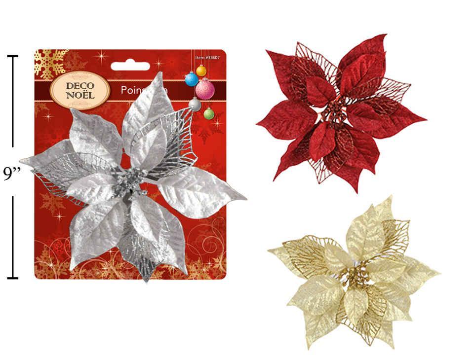 Deco N. 9" Xmas Glitter Poinsettias Clip, 3asst., t.o.c.