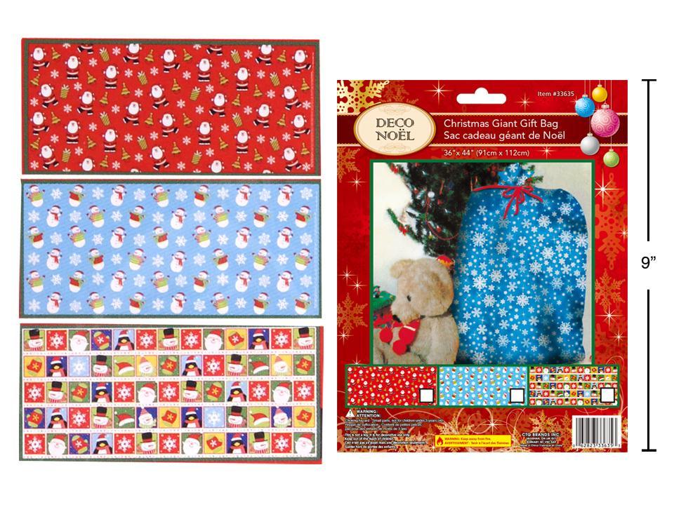 Deco N. 36"x44" Xmas Giant Gift Bag , 3asst. Designs, header card