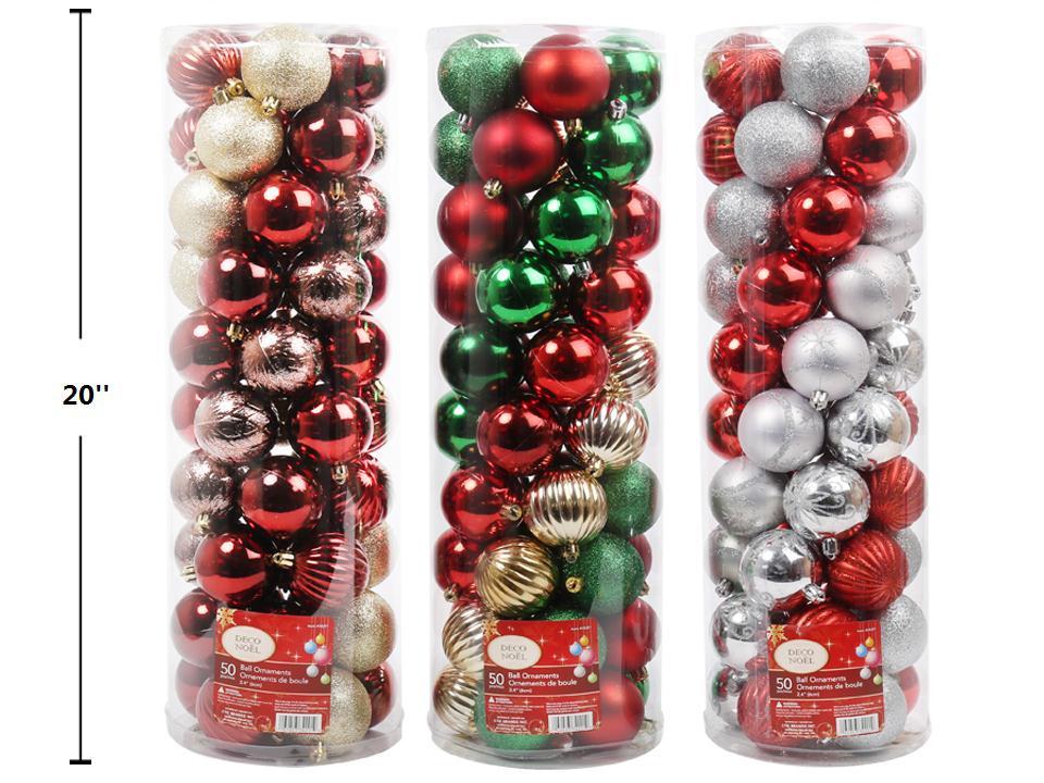 Deco N. 50ct. 60mm Ball Ornaments in PVC Tube, 3asst., label