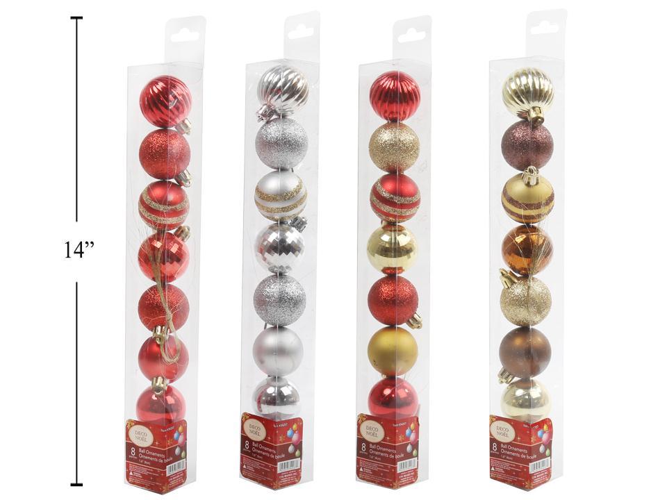 Deco N. 8ct. 40mm Ball Ornaments in PVC Tube, 4asst., label
