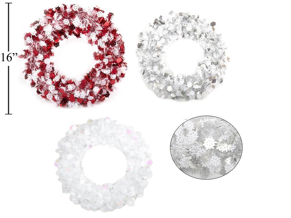 Deco N. 16''Dia. Tinsel Wreath with Snowflakes, 3asst., cht