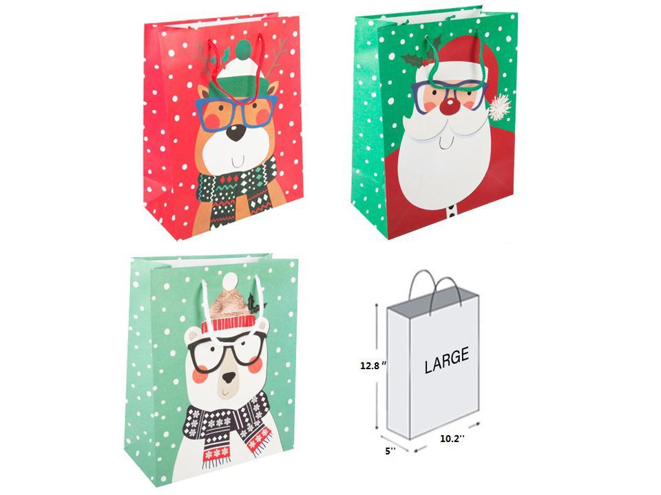 Paper T. Xmas Character w/Glasses Glitter Gift Bag-Lge,3/s,J-hook+tag