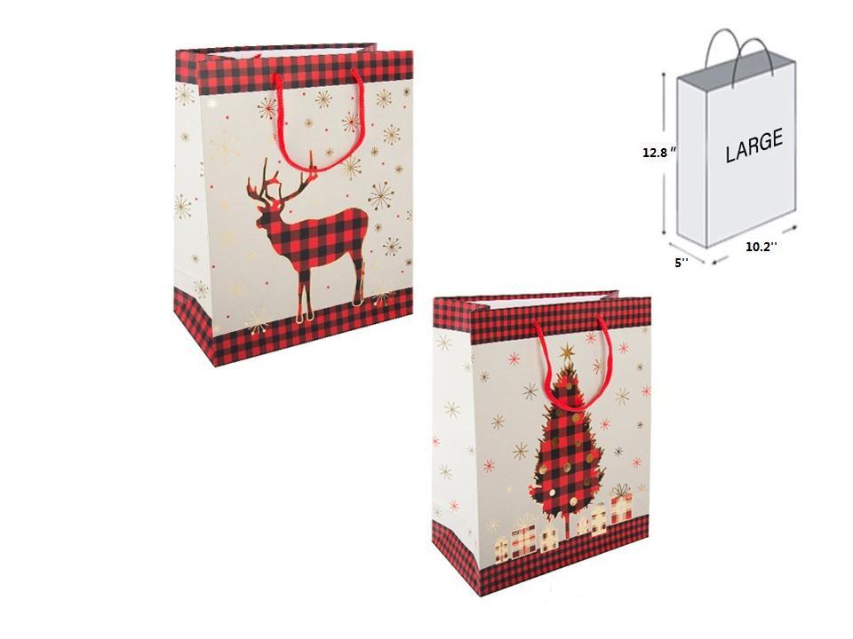 Paper T. Xmas Buffalo Plaid Hot Stamp Gift Bag-Large,2/s,J-hook+tag