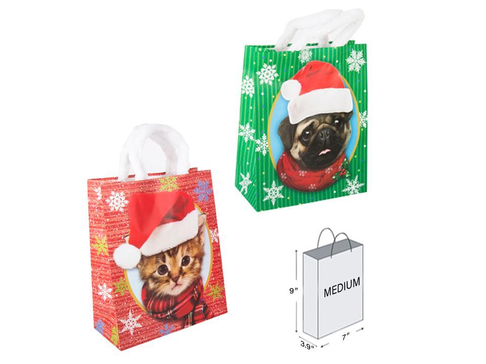 Paper T. Xmas Pet Fuzzy Handle Gift Bag-Medium, Matte, 2/s, J-hook+tag