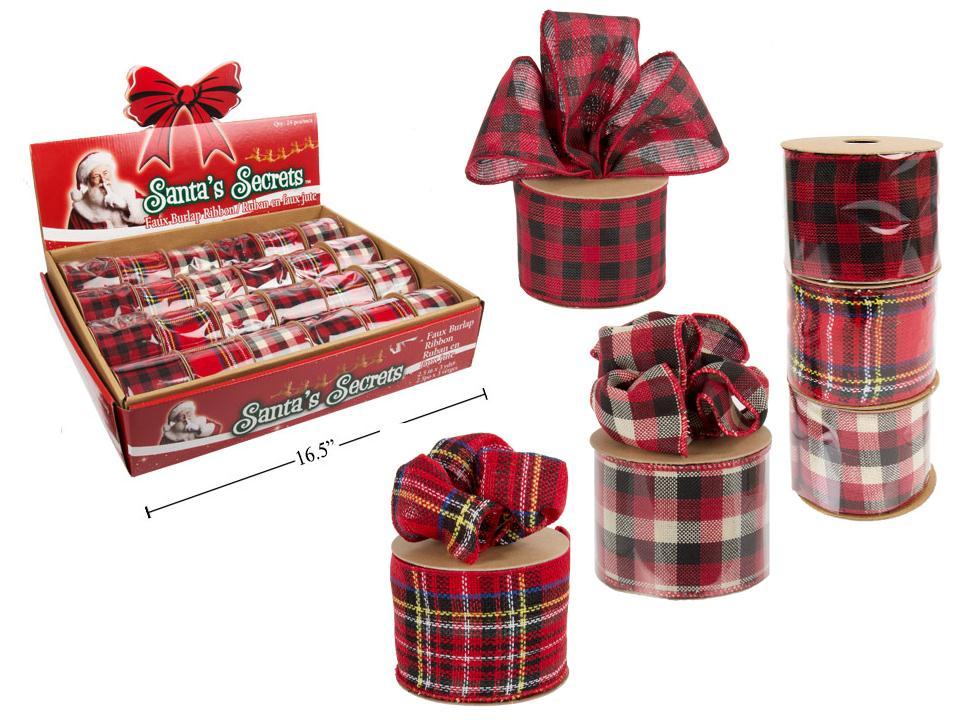 S.Secrets Plaid Wired Ribbon, 2.5"x3yds, 3asst., 24/PDQ