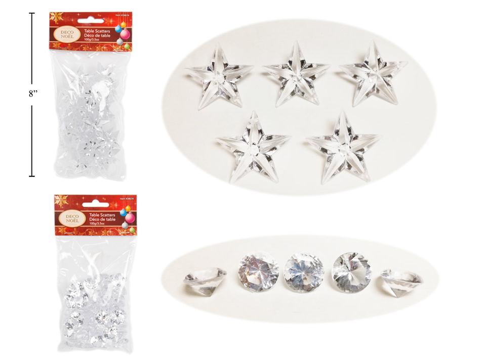 Deco N. Xmas 100G Clear Plastic Table Scatters, 2/S:Gems/Stars, pbh
