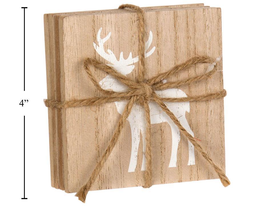 Deco N. S/4 4" Wooden Coasters w/Reindeer Print, Jute Tied w/cht