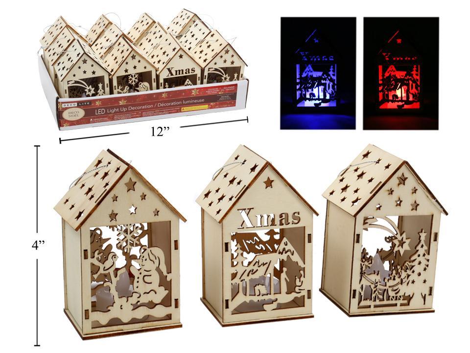 Deco N. 4" B/O LED Light-Up Crafty Wooden House Ornament, 3/s, 12/pdq