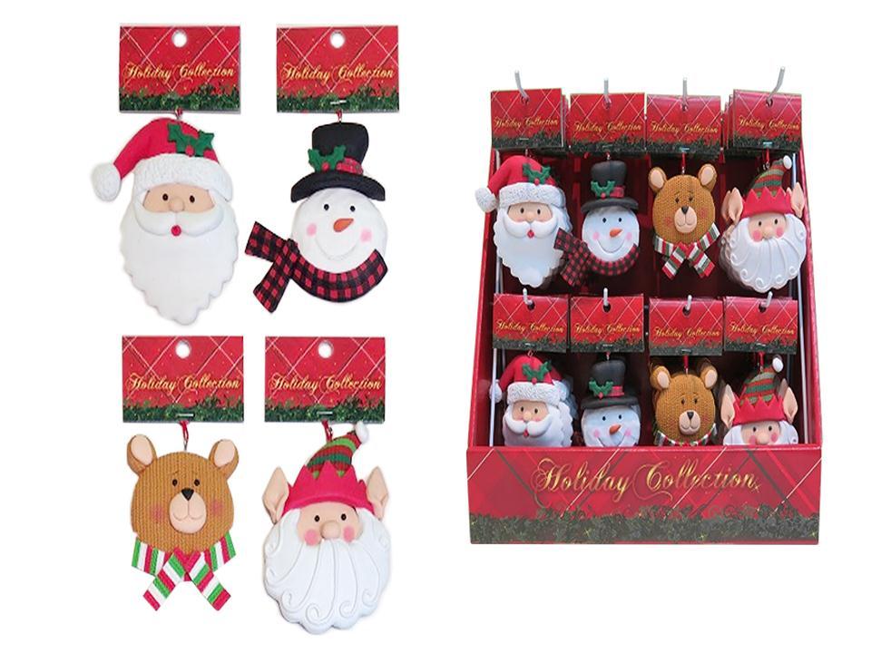 Deco N. Clay Dough Xmas Character Head  Ornament, 3.5", 4/s, 48/PDQ