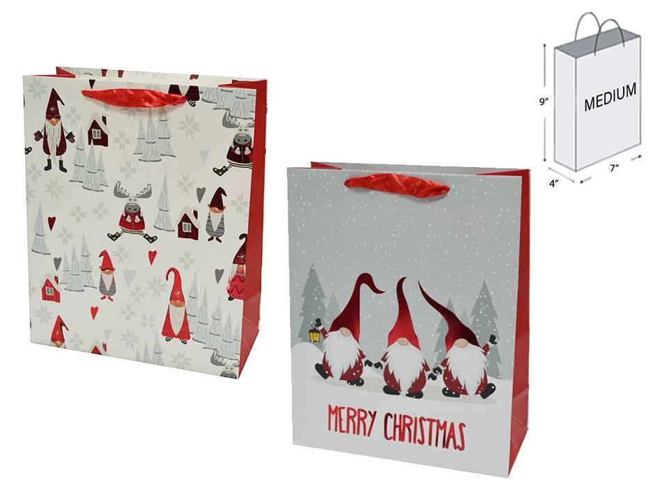 Paper T. Xmas Gnome Gift Bag- Medium,Matte w/Hot Stamp,2/s,7x9x4"