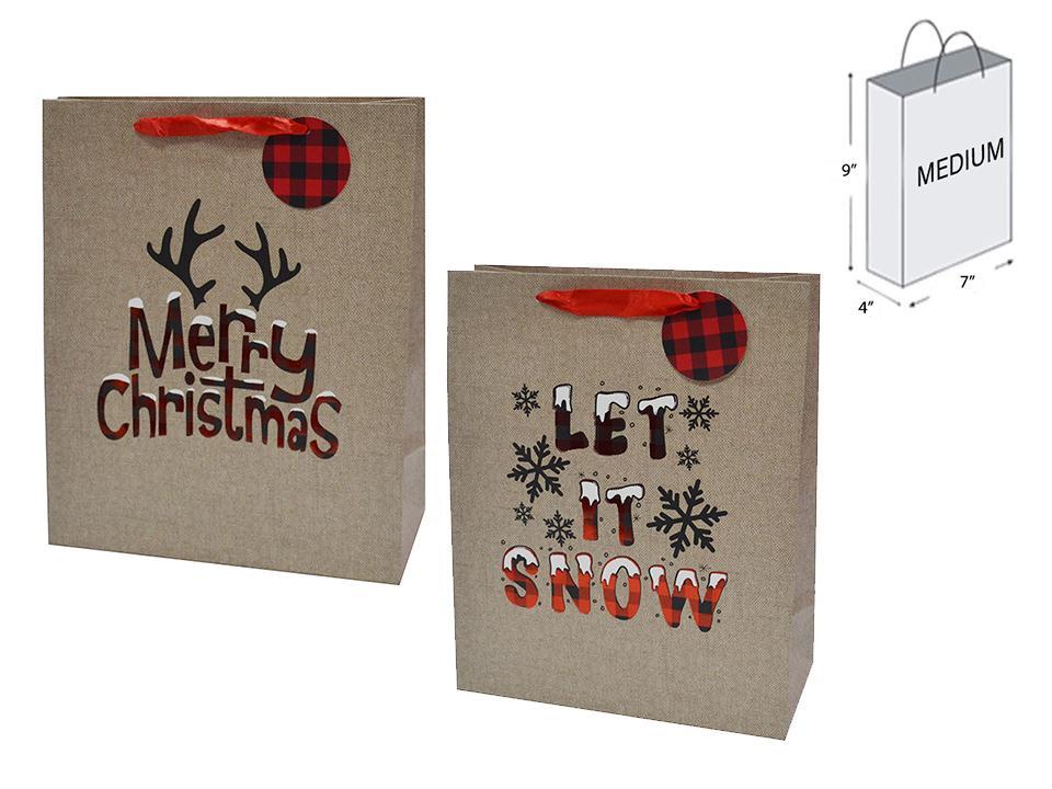 Paper T. Xmas Gift Bag-Medium,Matte w/Hot Stamping,2/s,7"x9"x4", j-hook