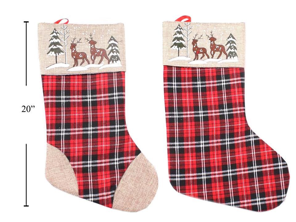 S.Secrets 20" Xmas Tartan Stocking w/Printed Reindeer Cuff, 2/S, cht