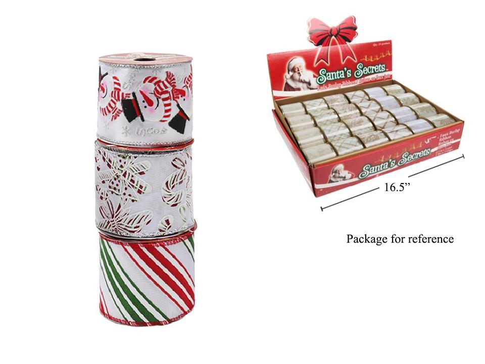 S.Secrets Xmas Printed Faux Burlap Wired Ribbon, 2.5"x3yds., 6/s,