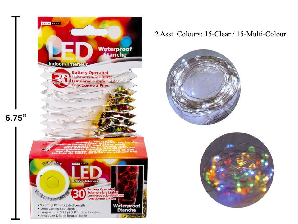 Deco L. 30 LED Submersible String Lights, 2asst. Cols.,"Try Me" Box