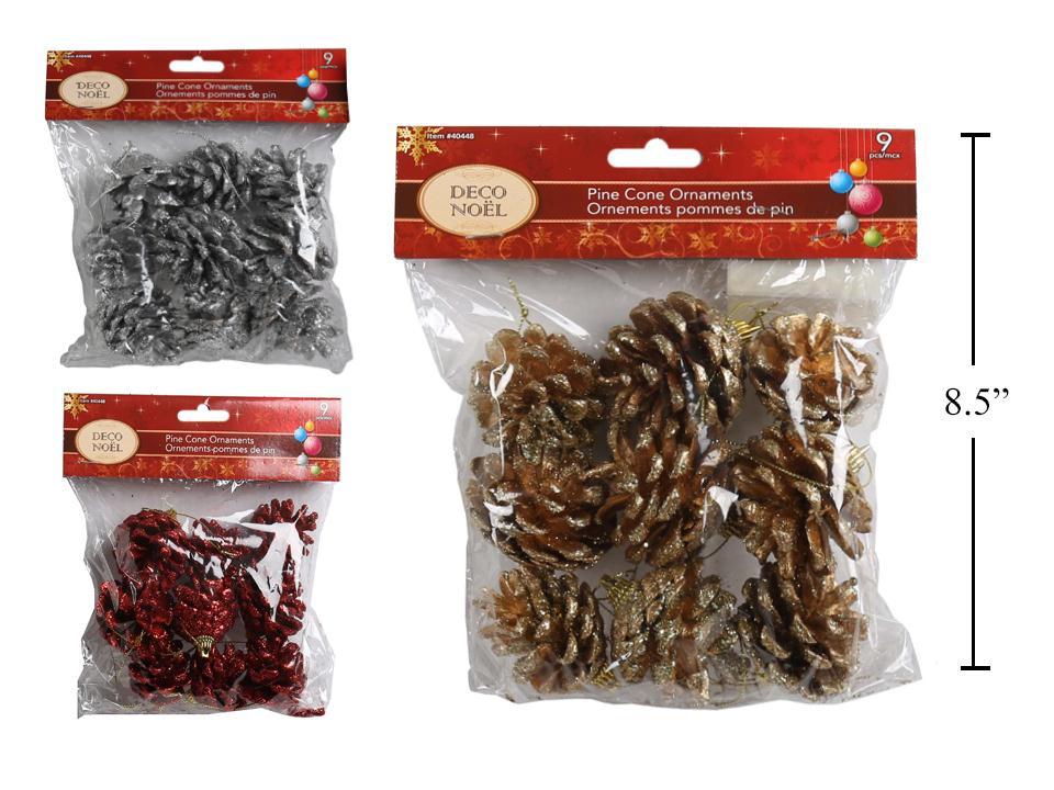 Deco N. Xmas 9pcs Glitter Pinecone Ornaments, 3asst. Cols., pbh