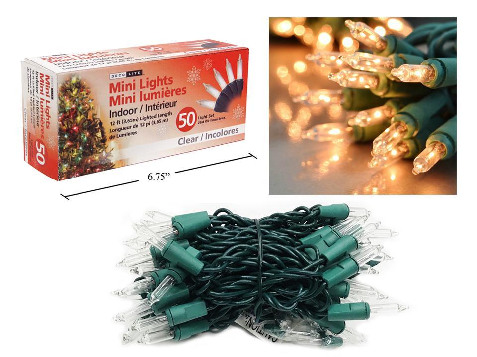 Deco L. 50pk Mini Indoor Lights- Clear, 12FT., End-To-End; box;