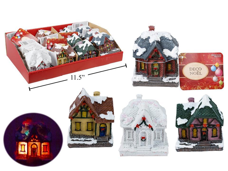 Xmas 3" Polyresin Light-Up House, Colour Changing,4asst.12pcs/PDQ,upc