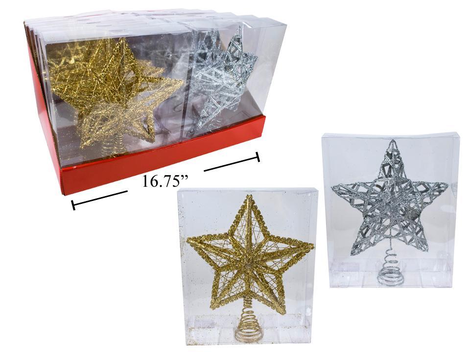 9.5"Metal w/Glitter Star Xmas Tree Topper in PVC box, 4asst.