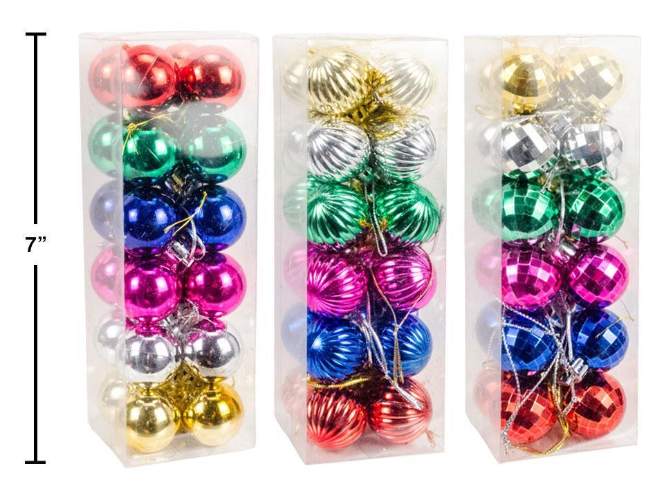 Deco N. 24pcs-1.18"dia. Xmas Ball Ornaments, 6 cols.,3 styles,PVC box