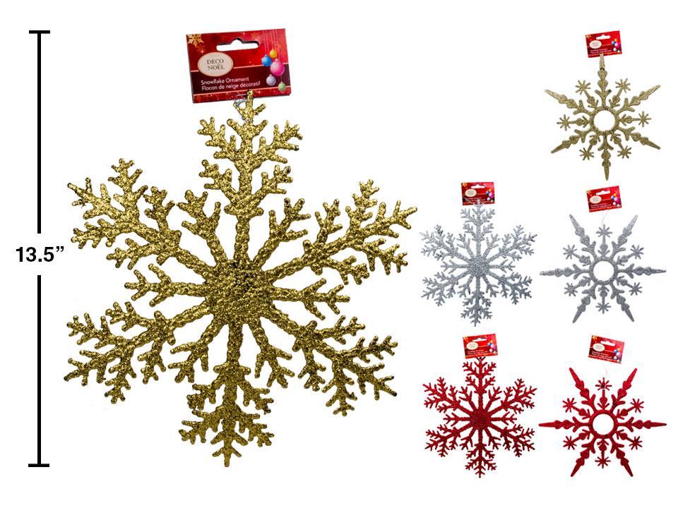 Deco N. 6" Glitter Snowflake Ornament w/Gem, 3cols., header card
