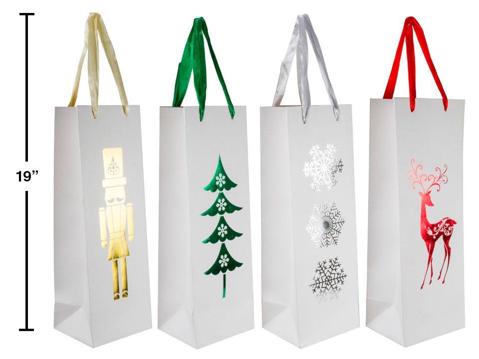 Paper T. Xmas Hot Stamp Bottle Bag w/Satin Ribbon Handle, 4asst., upc