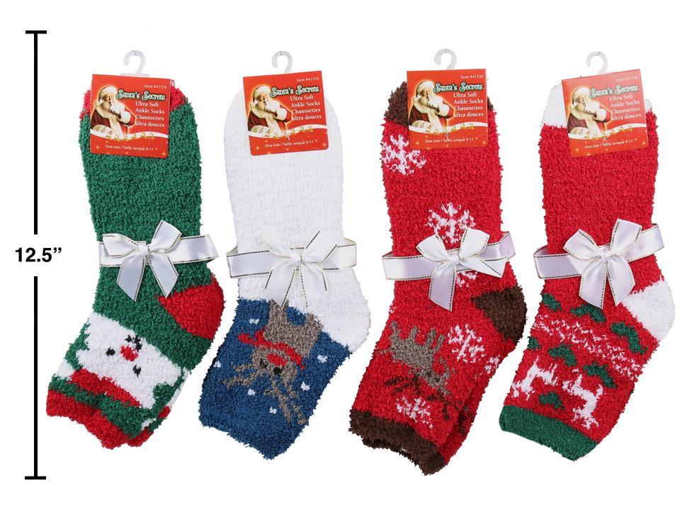 S.Secrets Xmas Ultra Soft Ankle Socks w/Bow, Ladies:9-11,4asst.,h/c