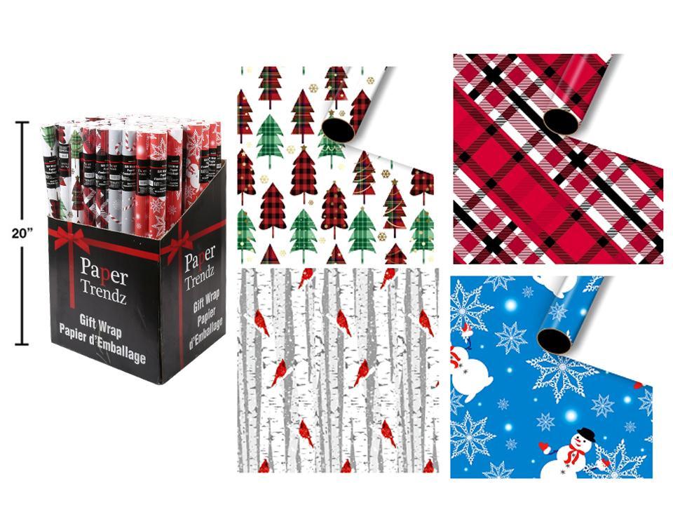 Paper T. Xmas Single Roll Wrap, 20"x120", 4asst., w/label, 72/PDQ