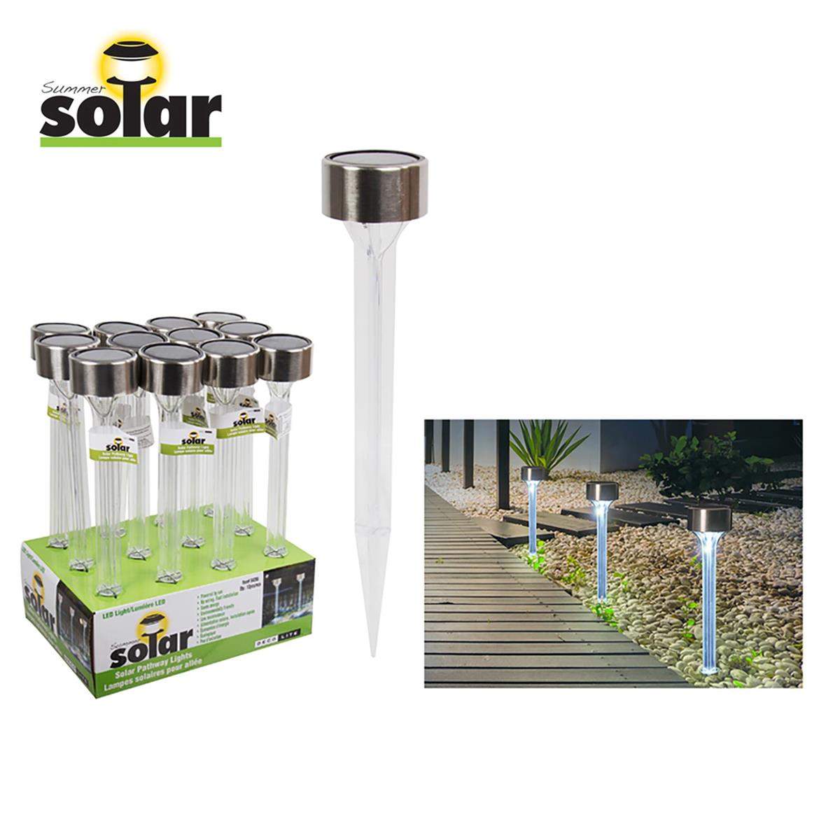 Solar 13"L LED Clear Stake Lights Plastic+Stainless Steel, 12/pdq