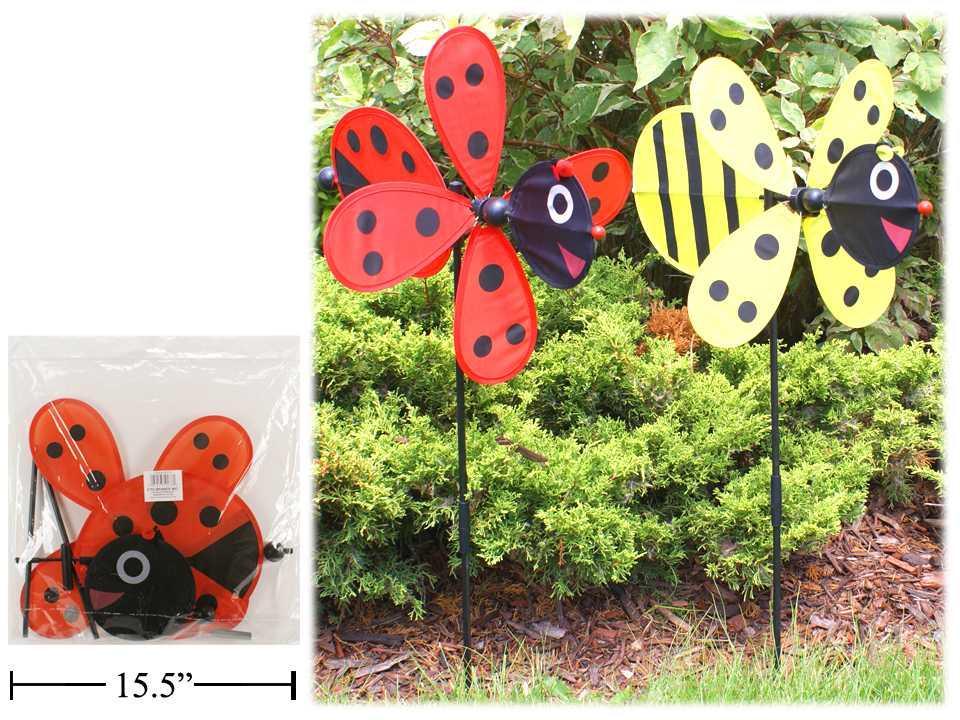 36.5"H Insect Windmill, 2asst., Bee/Ladybug,  polybag w/upc