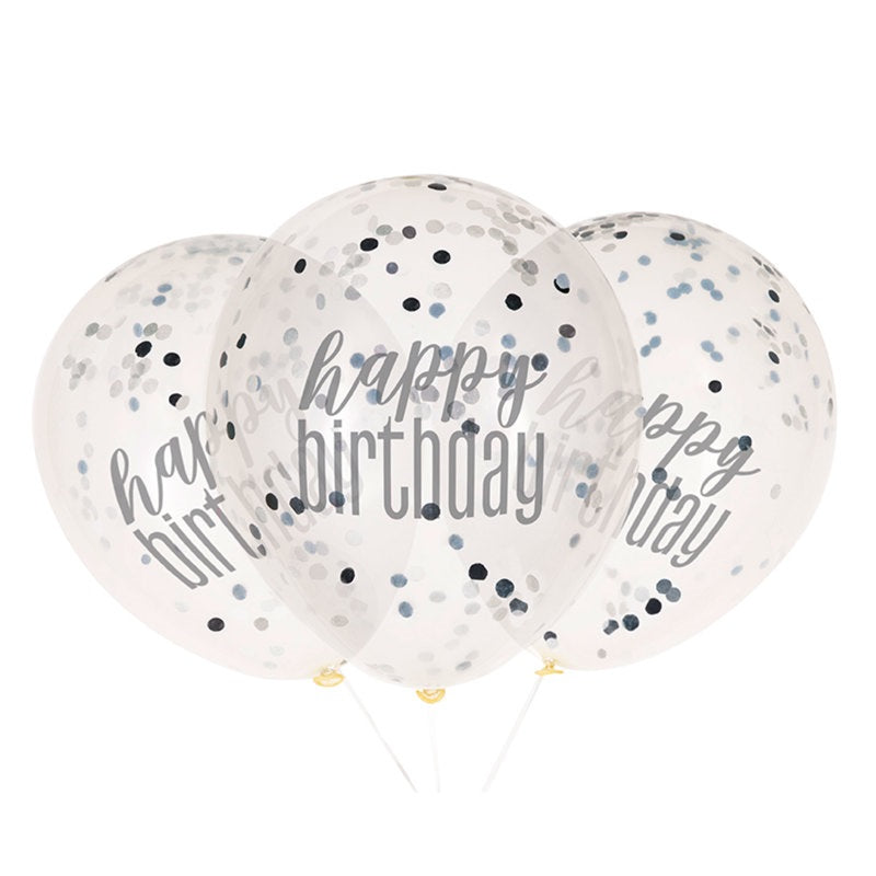 6 12 Clear Printed Glitz "Happy Birthday" Balloons with Confetti  Black & Silver"