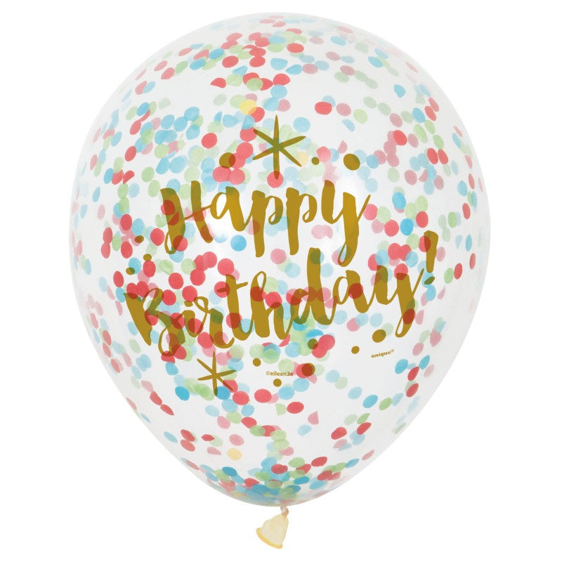 Pre-Filled Glitzy Gold Birthday Clear Latex Balloons with Confetti, 12 Inch, 6 Count