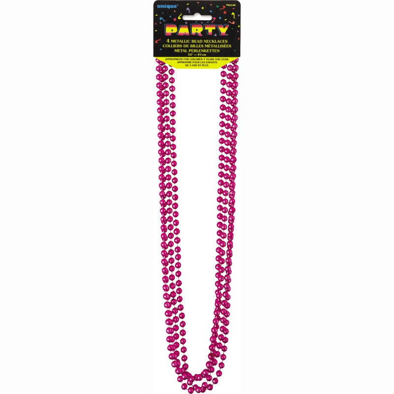 32-Inch Hot Pink Metallic Bead Necklaces, 4 Count