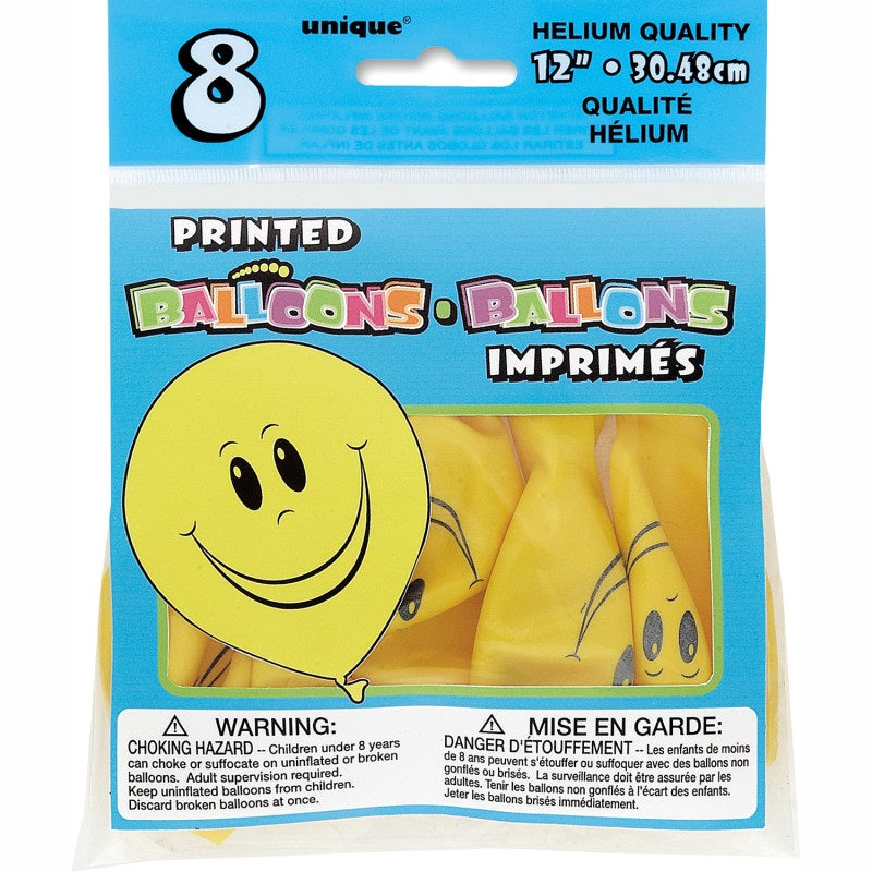 Yellow Happy Face 12" Latex Balloons, 8 Count
