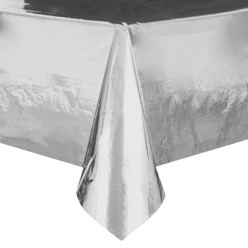 Silver Foil Rectangular Plastic Table Cover, 54 x 108 Inches