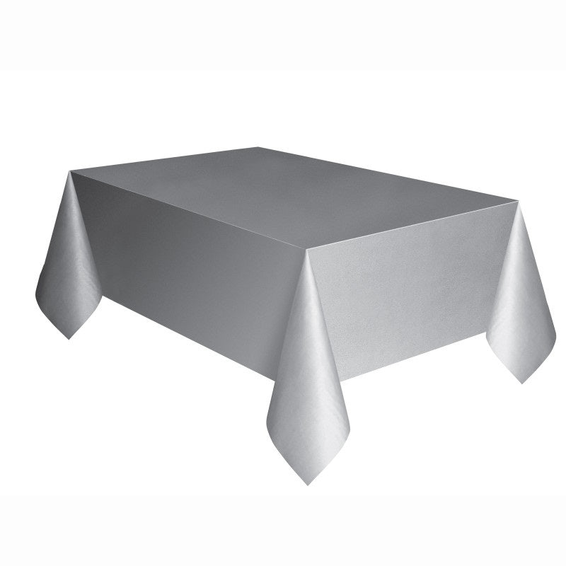 Silver Solid Rectangular Plastic Table Cover, 54 x 108 Inches