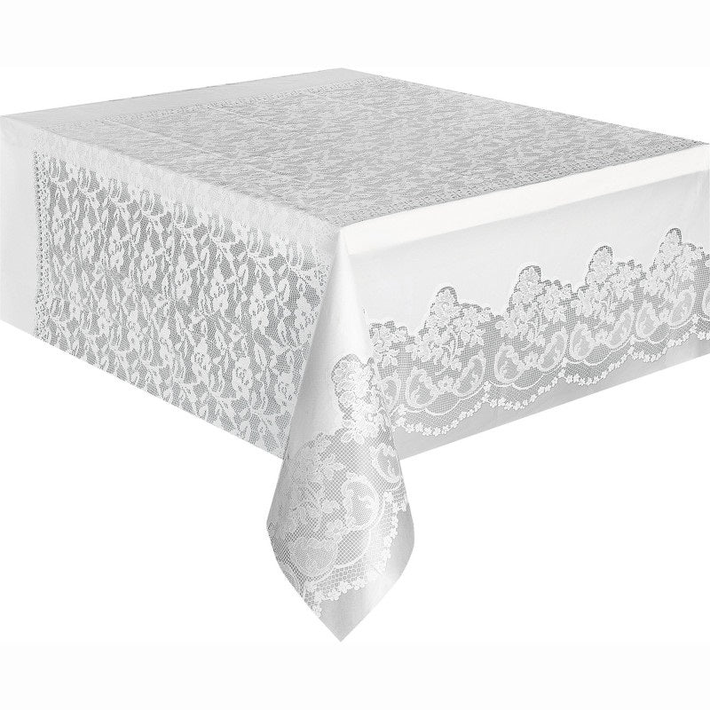 White Lace Rectangular Plastic Table Cover, 54 x 108 Inches